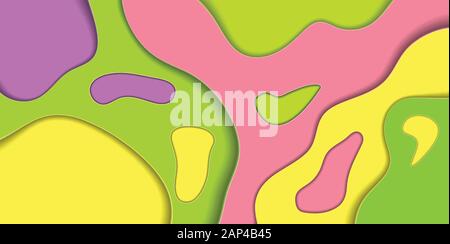 Paper Cut Abstract Background, Cute Kids Colors Green Pink Yellow Purple Layers for Banner or Business Card Design. Trendy Modern Flow Geometry Shapes Stock Vector