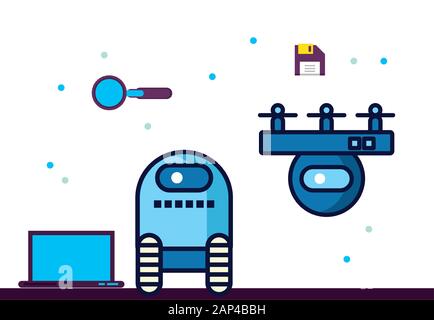 couple of robots technology with data center icons Stock Vector