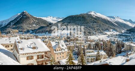 Panorama of Davos Dorf in Winter, Grisons, Switzerland Stock Photo