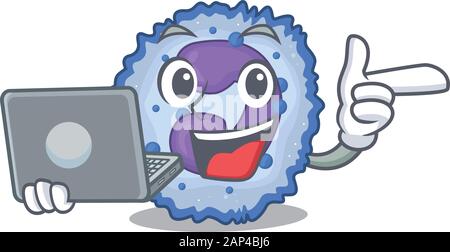 Smart character of basophil cell working with laptop Stock Vector