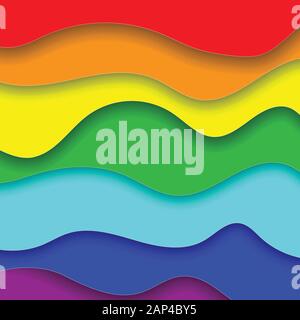 Rainbow Paper Cut Art Square Background with Horizontal Wavy Colorful Layer Stripes, Lgbt Gay Colors Pride Flag, Abstract Backdrop Template for Banner Stock Vector