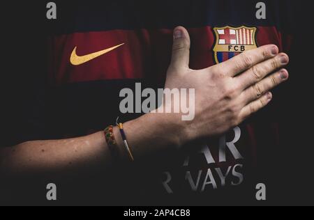 FRANCE - JANUARY 21, 2020. - FC Barcelona, spanish football club, logo on jersey Stock Photo