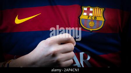 FRANCE - JANUARY 21, 2020. - FC Barcelona, spanish football club, logo on jersey Stock Photo