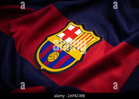 FRANCE - JANUARY 21, 2020. - FC Barcelona, spanish football club, logo on jersey Stock Photo