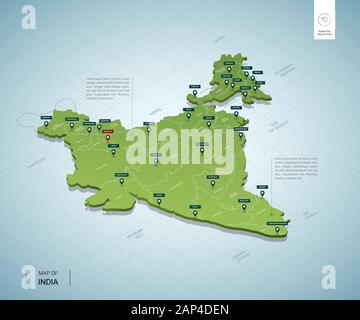 Stylized map of India. Isometric 3D green map with cities, borders, capital, regions. Vector illustration. Editable layers clearly labeled. English la Stock Vector