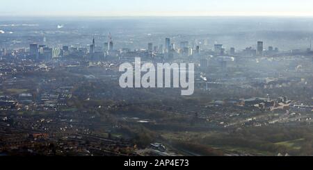 aerial vies of a misty Birmingham city skyline, UK Stock Photo