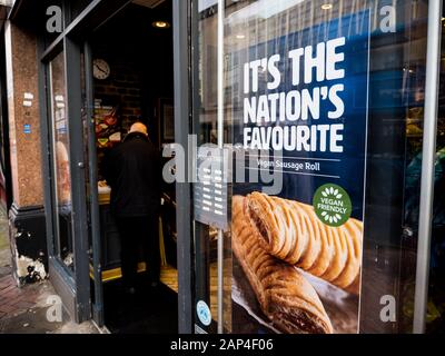 Meat free sausage roll, Vegan Food on The High Street, Greggs, Reading, Berkshire, England, UK, GB. Stock Photo