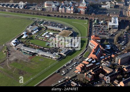 aerial view of Chester Racecourse, known as the Roodee in Cheshire, UK ...