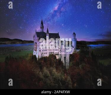 Neuschwanstein Castle at night in the Bavarian Alps of Germany Stock ...