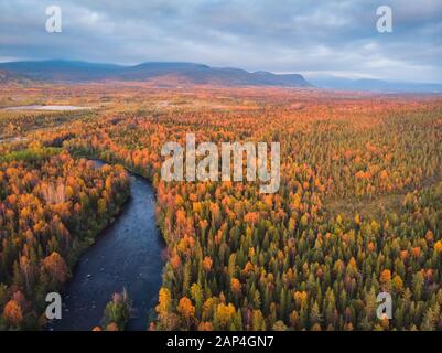 Beautiful autumn forest with yellow and red trees, blue mountain river, aerial top view Stock Photo