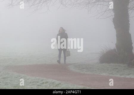 Chippenham, Wiltshire, UK. 21st Jan, 2020. As fog blankets many parts of the UK , a woman is pictured walking in a public park in Chippenham, Wiltshire. Credit: Lynchpics/Alamy Live News Stock Photo