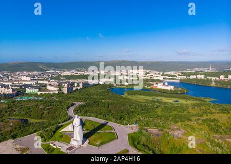 Murmansk, Russia - July 1, 2019: Aerial view panorama of city monument Defenders of Soviet Arctic Alyosha Stock Photo