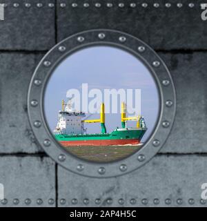 Looking through a ship Porthole. Ship on the ocean. 3D Rendering Stock Photo