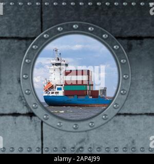 Looking through a ship Porthole. Ship on the ocean. 3D Rendering Stock Photo