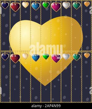 Golden hearts on a dark background. Vector seamless texture for Valentines Day. Golden chain fence. Stock Vector