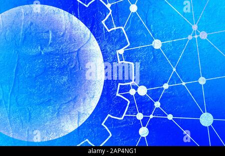 Molecule And Communication Background. Modern brochure or report design template. Field for text as gear icon. Connected lines with dots. Technology a Stock Photo