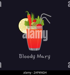 Vector cartoon illustration of Bloody Mary alcohol cocktail isolated on black background. Bloody Mary with lemon, pepper, straw and greens in glass - Stock Vector