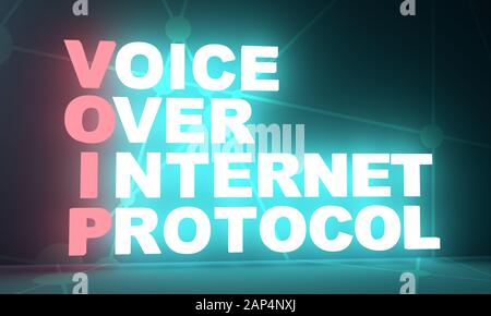 Acronym VOIP - Voice over Internet Protocol. Internet conceptual image. 3D rendering. Neon bulb illumination Stock Photo