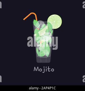 Mojito summer beach refreshing tropical cocktail in glass with soda water, lime juice, mint leaves, sugar, ice and rum on black background, vector Stock Vector