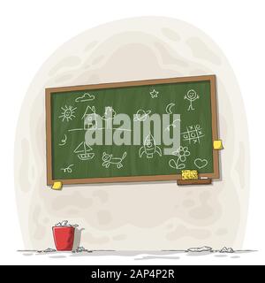 Painted blackboard with chalk, sponge and trash can. Hand drawn vector illustration with separate layers. Stock Vector