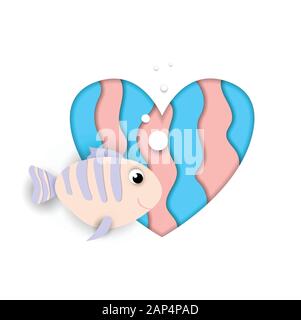 Paper cut fish flow on heart isolated on white background, blue and pink colors design element for baby shower greeting card, Valentine day sticker. L Stock Vector