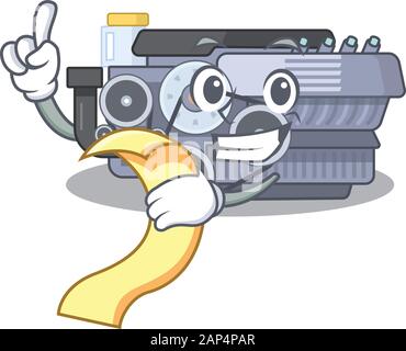 Funny combustion engine cartoon character style holding a standing flag ...