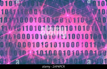 Binary code background with digits on screen. Algorithm binary, data code, decryption and encoding, row matrix. Flash lights Stock Photo