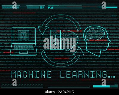 Machine learning and artificial intelligence concept. Human brain and computer processor are overlaid by HUD elements and program code Stock Photo
