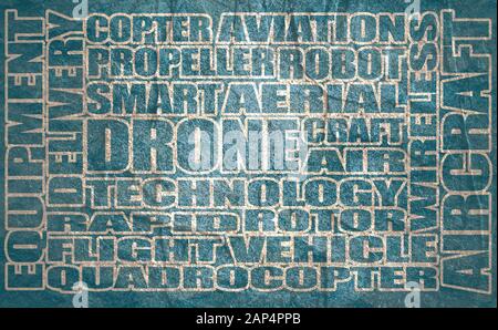 Drone relative word cloud. Thin line style Stock Photo