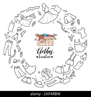 Hand drawn illustration of clothes donate, charity, care concept. Doodle sketch style elements of clothes, donation box for logotype, banner, icon design. Vector illustration. Stock Vector