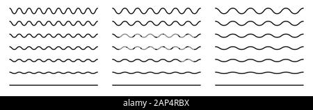 Wiggly squiggle lines. Wiggle waves set. Wavy vector line. Black curvy underlines. Smooth end squiggly horizontal curvy squiggles Stock Vector