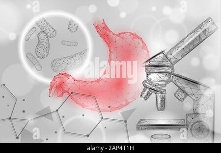 Human stomach microscope 3D low poly render probiotics. Healthy normal digestion flora of human intestine yoghurt production. Modern science medicine Stock Vector