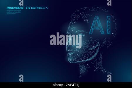 AI artificial intelligence robot support 3D. Virtual assistant voice recognition service technology. Chatbot beautiful female face low poly vector Stock Vector