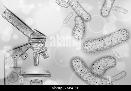 Bacteria microscope 3D low poly render probiotics. Healthy normal digestion flora of human intestine yoghurt production. Modern science medicine Stock Vector
