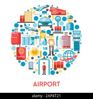 Airport banner with air travel icons set in circle Stock Vector