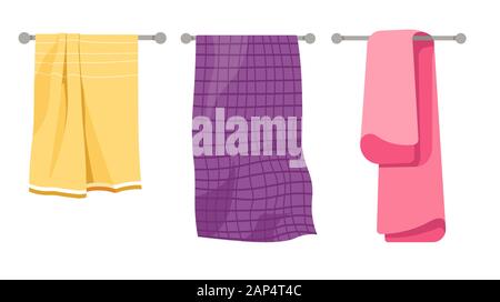 Towels on holder, cotton, waffer and terry textile, isolated icons Stock Vector