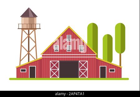 Red and white barn and water tower at farm land Stock Vector