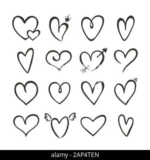 Hearts isolated on a white background. Vector hand drawn outline symbols for love, wedding, Valentine's day or other romantic design. Set of 16 variou Stock Vector