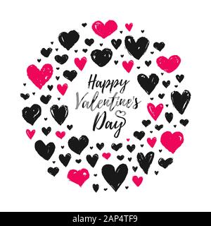 Valentine's day greeting card with painted hand drawn hearts. Vector illustration isolated on a white background. Ring shape made of pink and black he Stock Vector