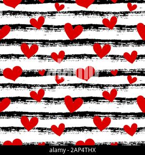 Seamless pattern with hearts and hand drawn stripes. Black and white striped background and red hearts. Modern bright print for love, wedding, Valenti Stock Vector
