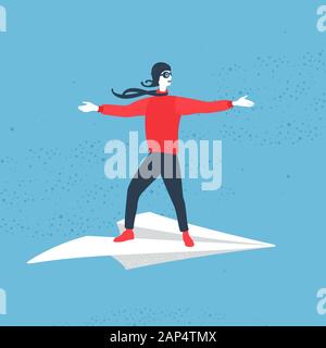 Illustration Vector Man Flying On Paper Airplane Stock Vector