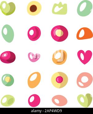 Cute cartoon vector illustration of marmalade and jelly beans isolated on white background. Cute round and heart form jelly beans, marmalade Stock Vector