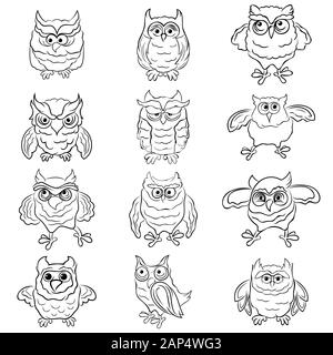 Set of twelve funny cartoon owls outlines isolated on the white background, hand drawing illustration Stock Vector