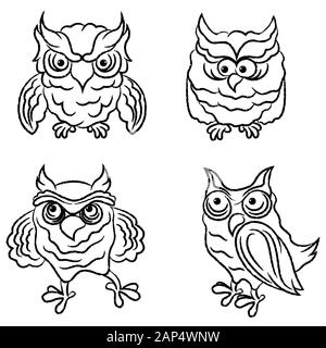 Set of four funny and amusing owls outlines isolated on the white background, hand drawing illustration Stock Vector