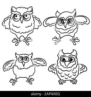 Set of four funny cartoon owls outlines isolated on the white background, hand drawing illustration Stock Vector