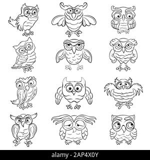 Set of twelve funny and amusing owls outlines isolated on the white background, hand drawing illustration Stock Vector