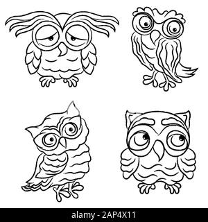 Set of four amusing cartoon owls black outlines isolated on the white background, hand drawing illustration Stock Vector
