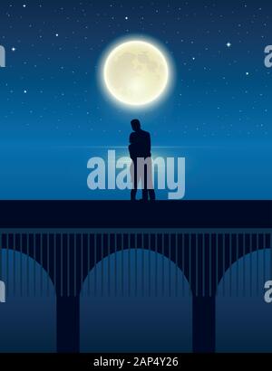 couple on a bridge by the lake with full moon in a starry night vector illustration EPS10 Stock Vector