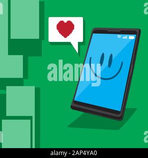 Smartphone message heart smile emotion on green isolated background. Vector image. Stock Vector