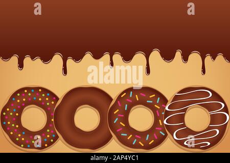 sweet melting chocolate icing with colorful donuts and sprinkles vector illustration EPS10 Stock Vector